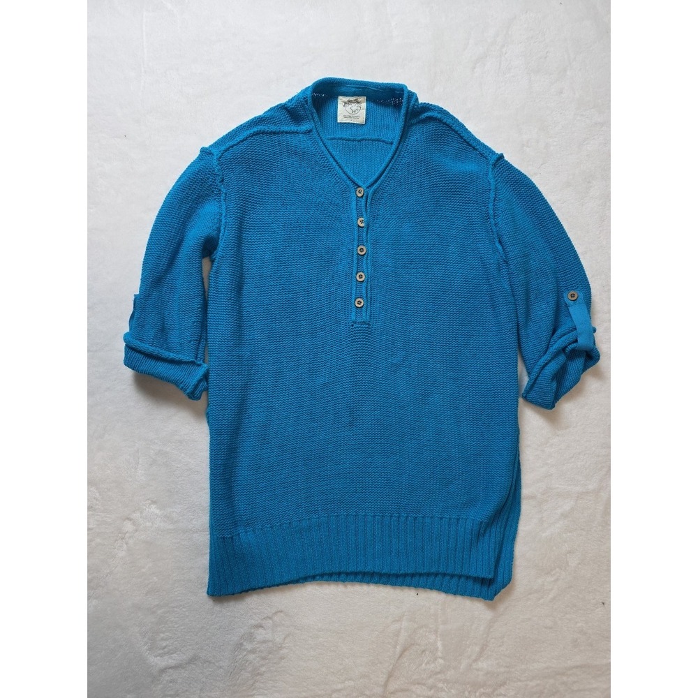We The Free Firefly Tunic Sweater Womens Surf Blue Henley Pullover Rib Knit Sm